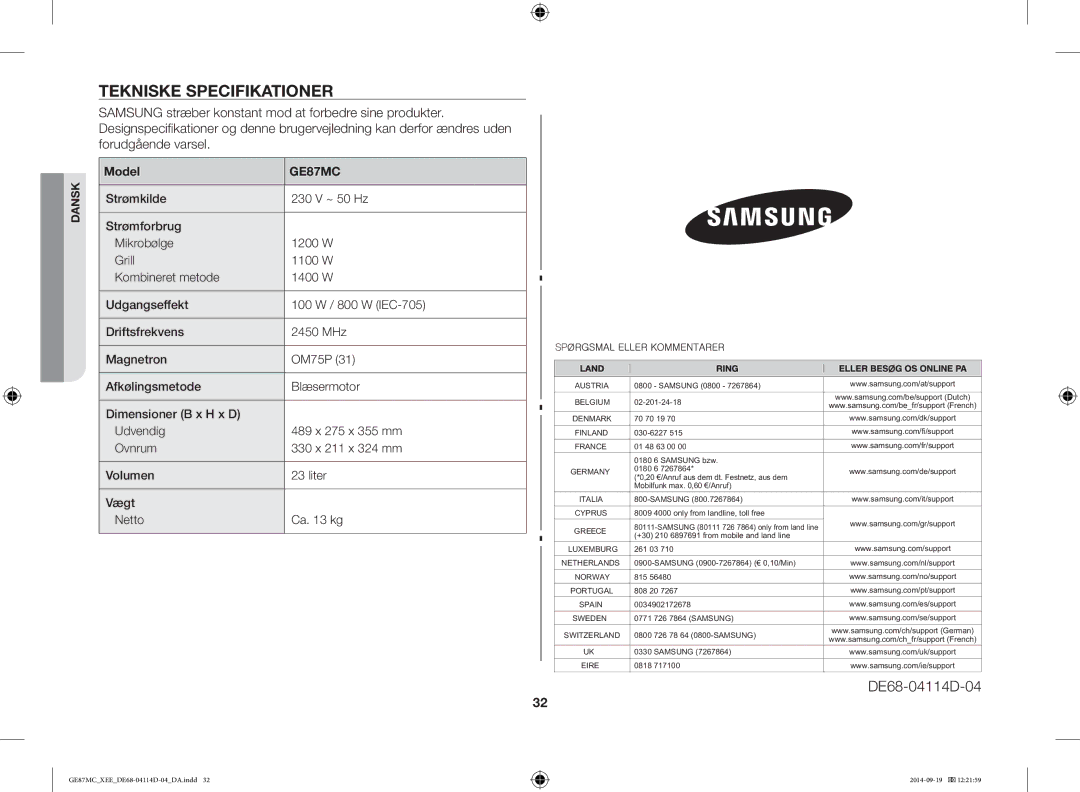 Samsung GE87MC/XEE manual Tekniske Specifikationer, Model 