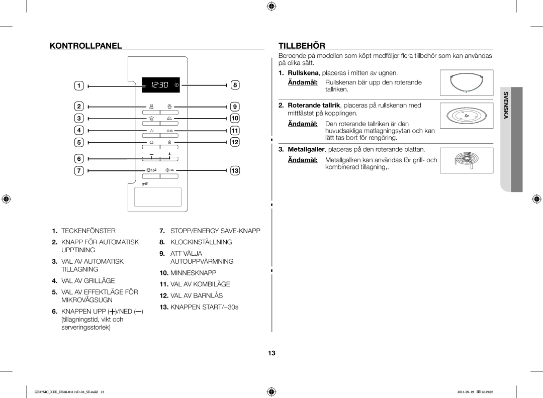 Samsung GE87MC/XEE manual Kontrollpanel Tillbehör, Knappen UPP /NED tillagningstid, vikt och serveringsstorlek 