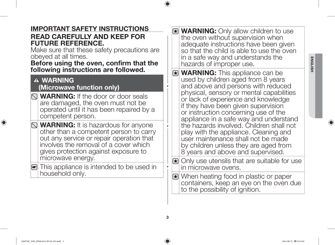 Samsung GE87MC/XEE Read Carefully and Keep for Future Reference, This appliance is intended to be used in household only 