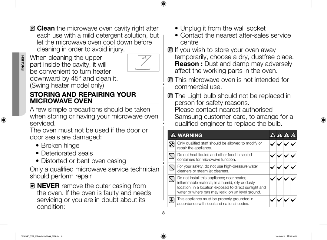 Samsung GE87MC/XEE manual Storing and Repairing Your Microwave Oven 