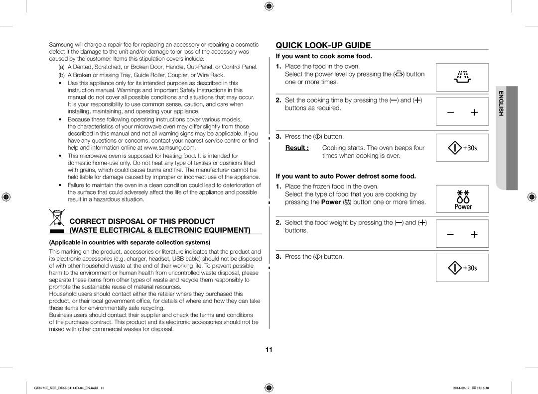 Samsung GE87MC/XEE manual Quick LOOK-UP Guide, If you want to cook some food, If you want to auto Power defrost some food 