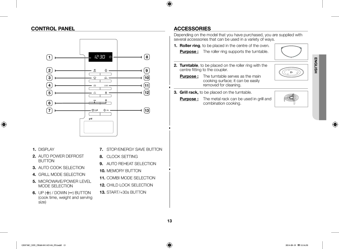 Samsung GE87MC/XEE manual Control Panel Accessories, UP / Down Button cook time, weight and serving size, START/+30s Button 