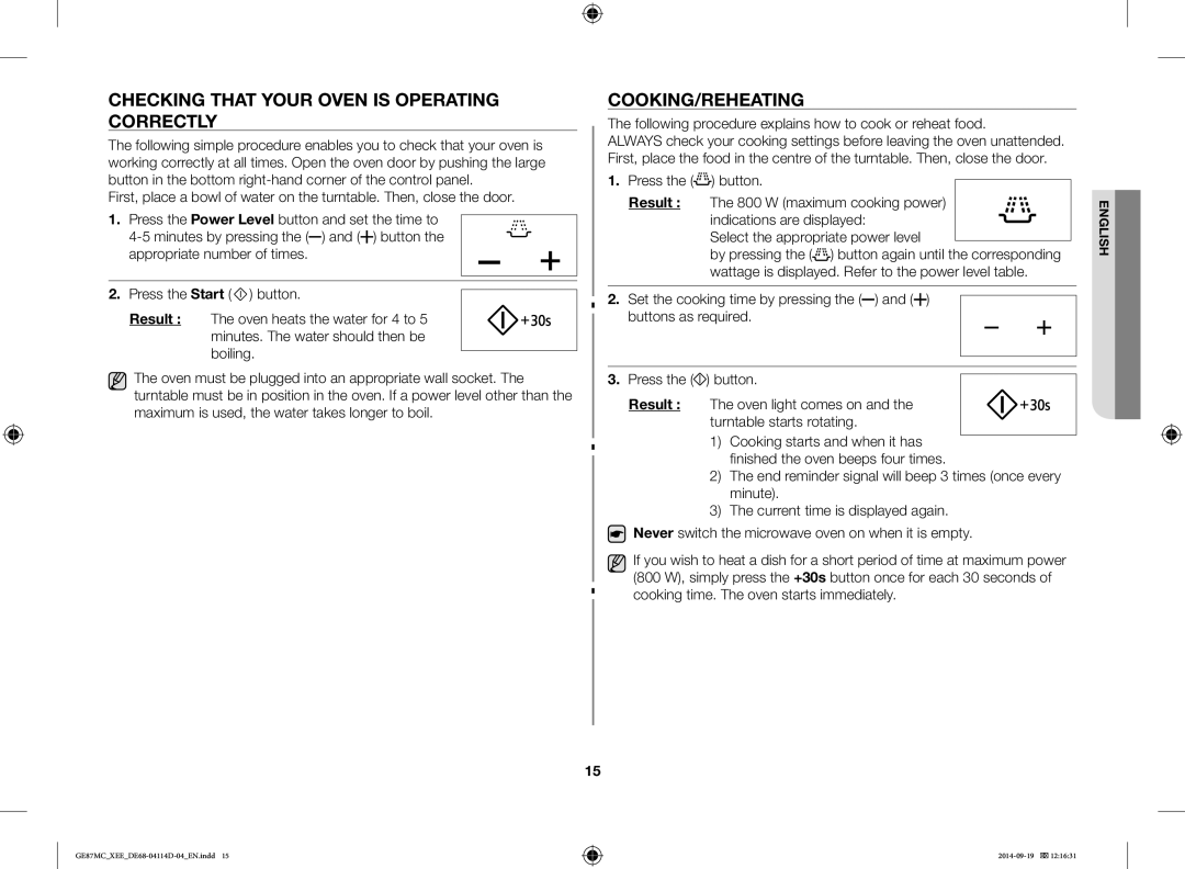 Samsung GE87MC/XEE manual Checking That Your Oven is Operating Correctly, Cooking/Reheating 