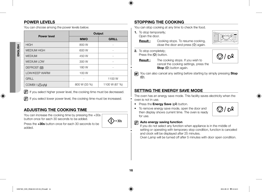 Samsung GE87MC/XEE manual Power Levels, Adjusting the Cooking Time, Stopping the Cooking, Setting the Energy Save Mode 