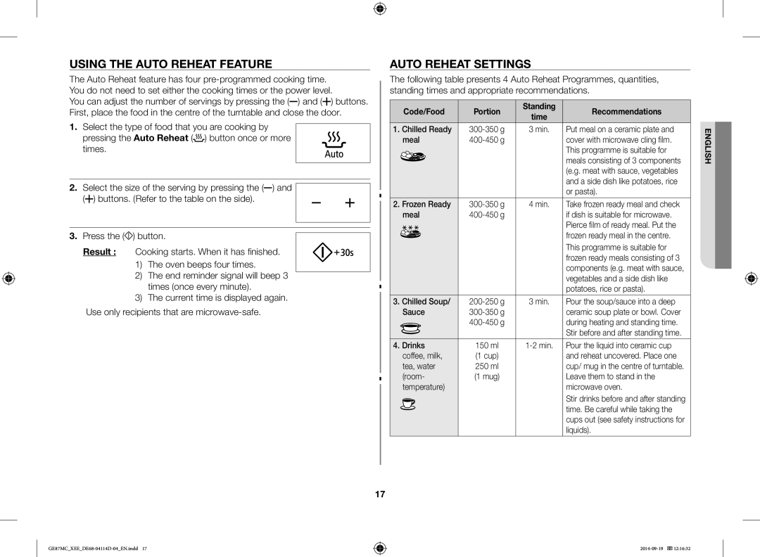 Samsung GE87MC/XEE manual Using the Auto Reheat Feature, Auto Reheat Settings, Code/Food, Recommendations 