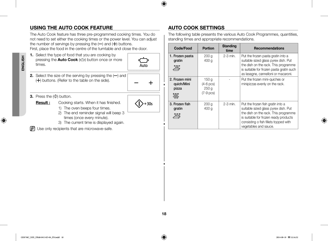 Samsung GE87MC/XEE manual Using the Auto Cook Feature, Auto Cook Settings 