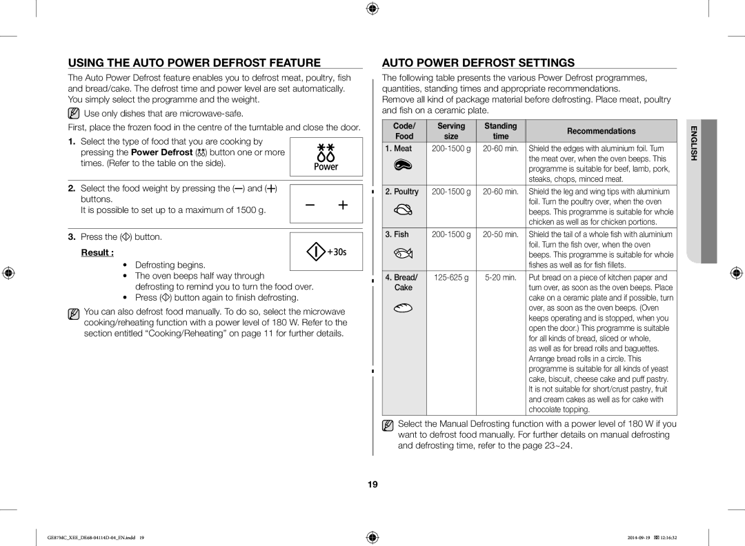 Samsung GE87MC/XEE manual Using the Auto Power Defrost Feature, Auto Power Defrost Settings, Result 