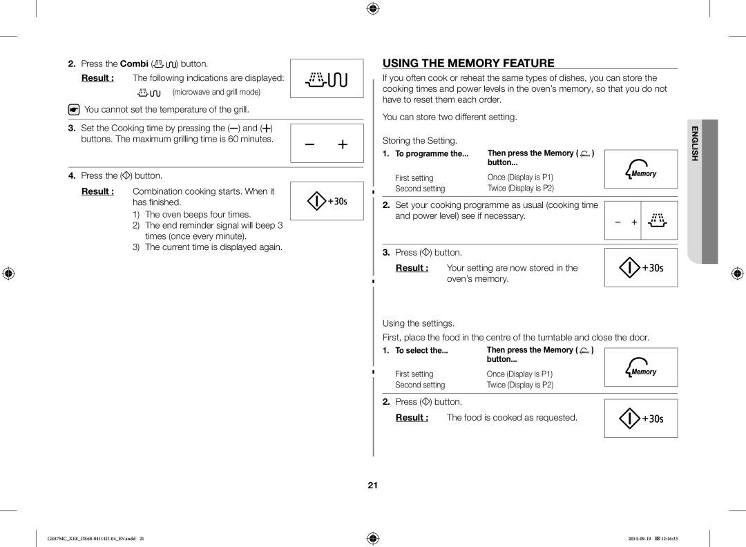 Samsung GE87MC/XEE manual Using the Memory Feature, You cannot set the temperature of the grill, To select 