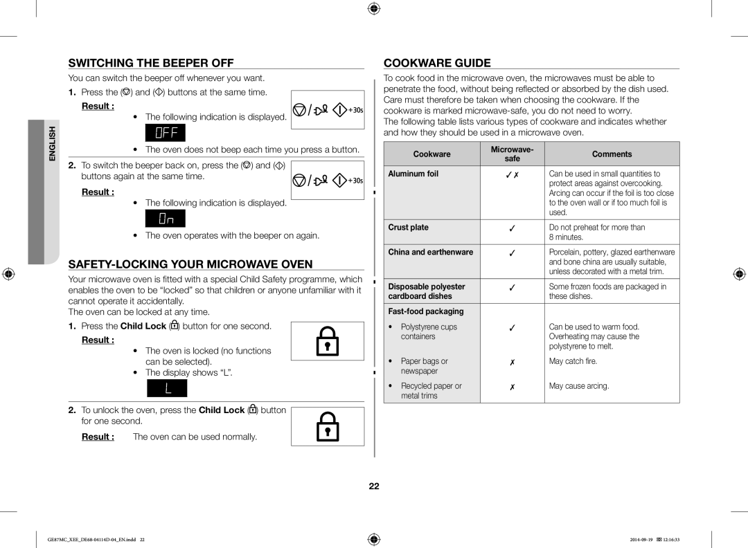 Samsung GE87MC/XEE manual Switching the Beeper OFF, SAFETY-LOCKING Your Microwave Oven, Cookware Guide 