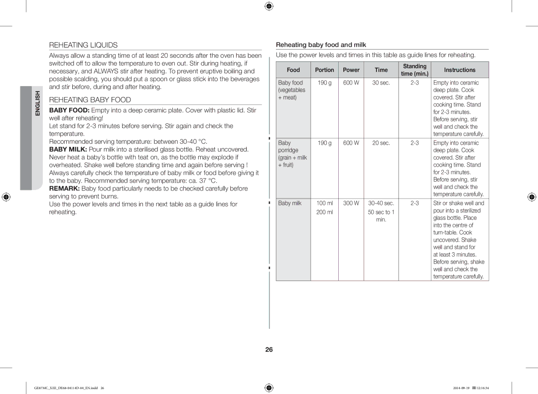 Samsung GE87MC/XEE manual Reheating Liquids, Reheating Baby Food, Food Portion Power Time Standing Instructions 