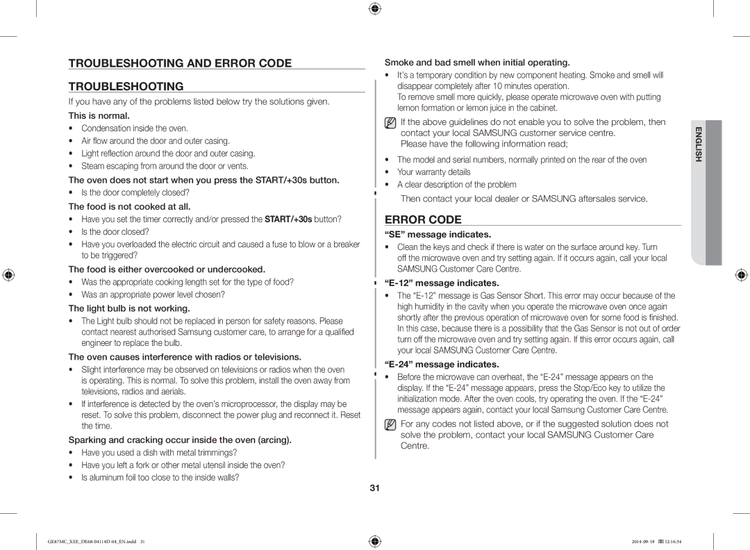 Samsung GE87MC/XEE manual Troubleshooting and Error Code, SE message indicates, Message indicates 