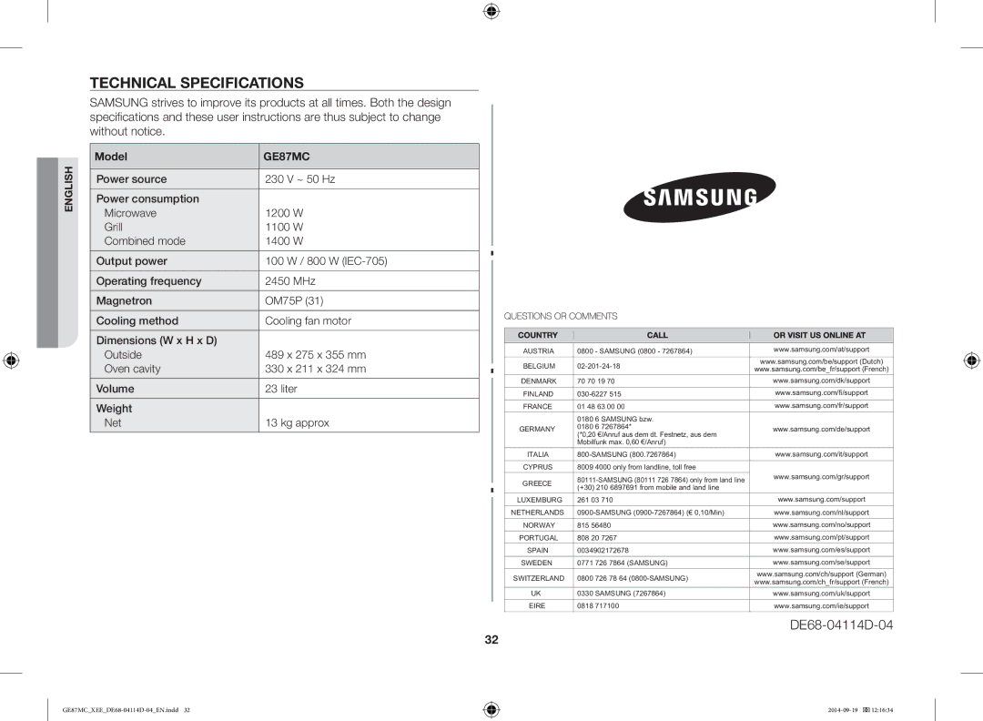 Samsung GE87MC/XEE manual Technical Specifications, Model 