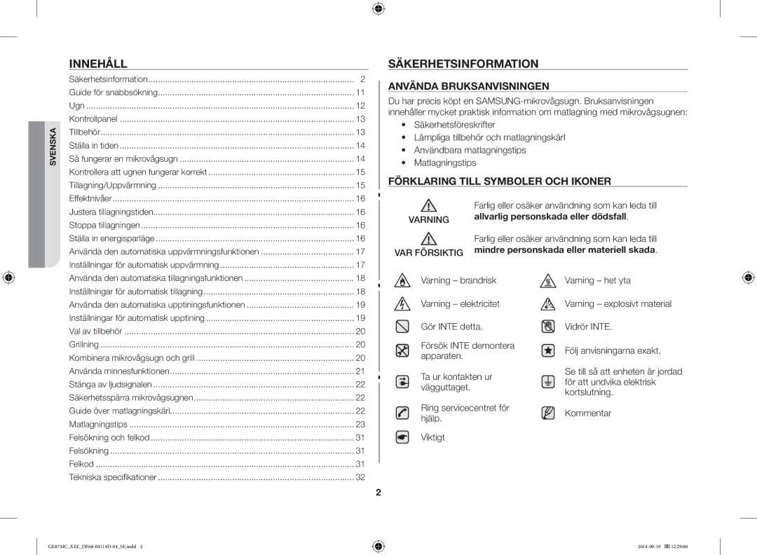 Samsung GE87MC/XEE manual Innehåll, Säkerhetsinformation 