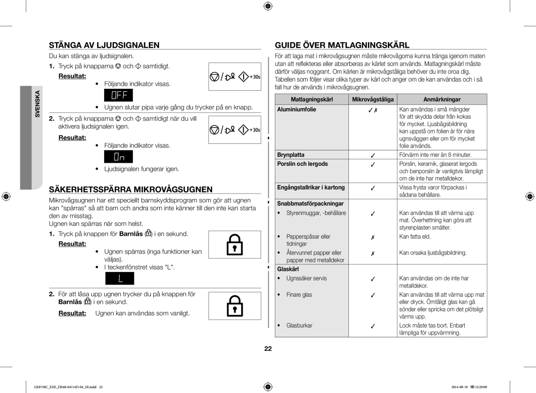 Samsung GE87MC/XEE manual Stänga AV Ljudsignalen, Säkerhetsspärra Mikrovågsugnen, Guide Över Matlagningskärl 