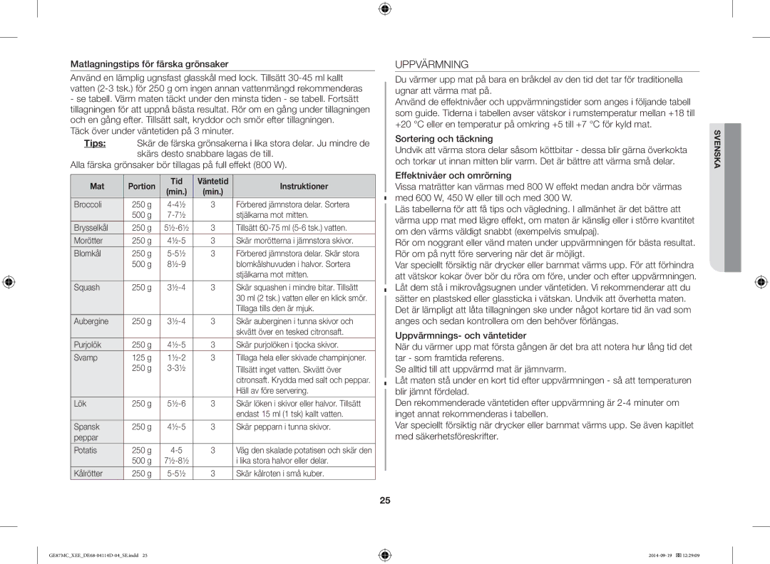 Samsung GE87MC/XEE manual Uppvärmning, Matlagningstips för färska grönsaker, Sortering och täckning 