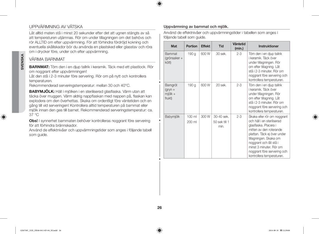 Samsung GE87MC/XEE manual Uppvärmning AV Vätska, Värma Barnmat 