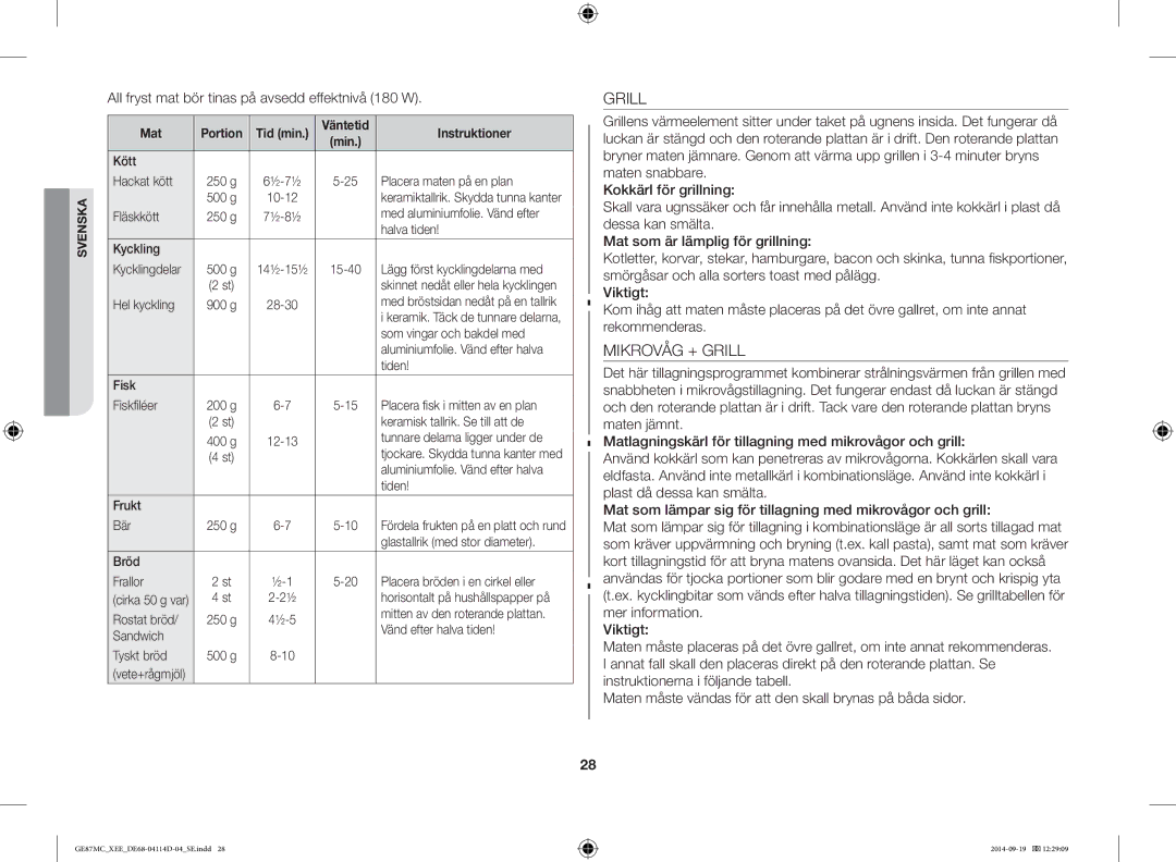 Samsung GE87MC/XEE manual Mikrovåg + Grill, All fryst mat bör tinas på avsedd effektnivå 180 W 