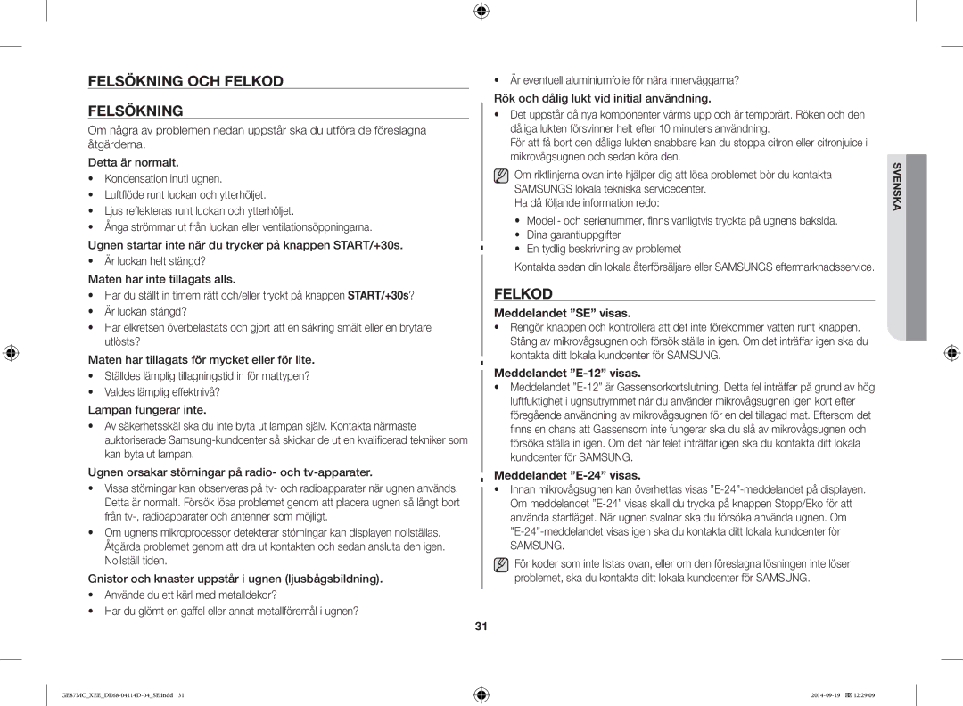 Samsung GE87MC/XEE manual Felsökning OCH Felkod, Meddelandet SE visas, Meddelandet E-12 visas, Meddelandet E-24 visas 