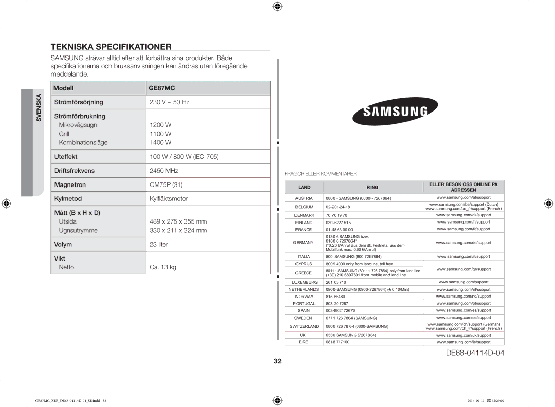 Samsung GE87MC/XEE manual Tekniska Specifikationer, DE68-04114D-04, Modell 