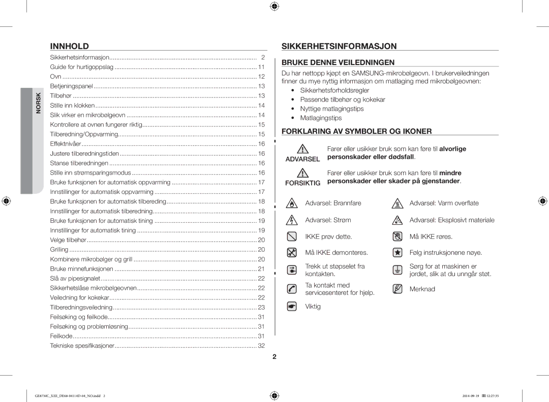 Samsung GE87MC/XEE manual Innhold, Sikkerhetsinformasjon 