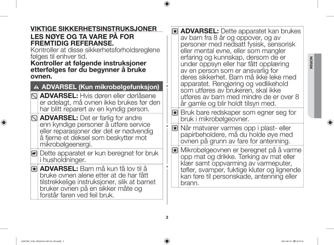 Samsung GE87MC/XEE manual LES Nøye OG TA Vare PÅ for Fremtidig Referanse 