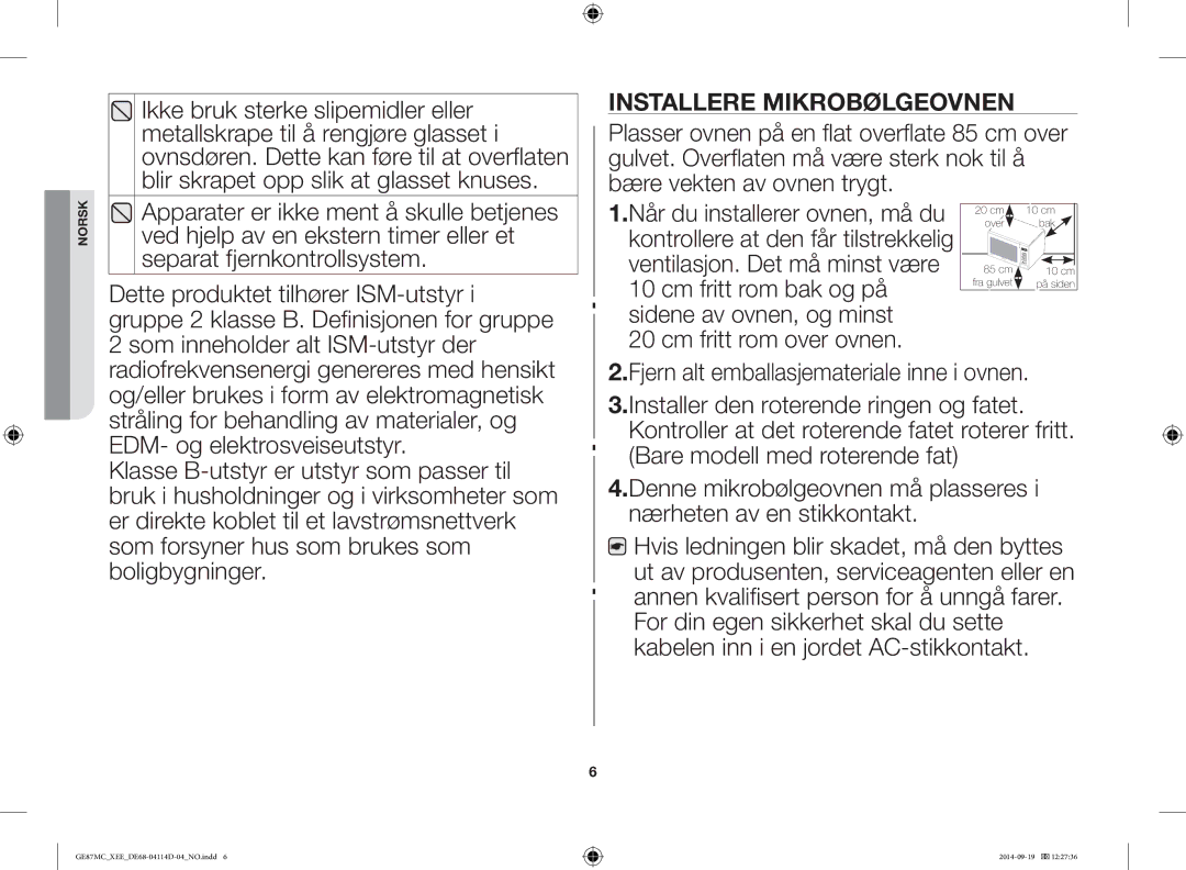 Samsung GE87MC/XEE manual Installere Mikrobølgeovnen, Cm fritt rom over ovnen 