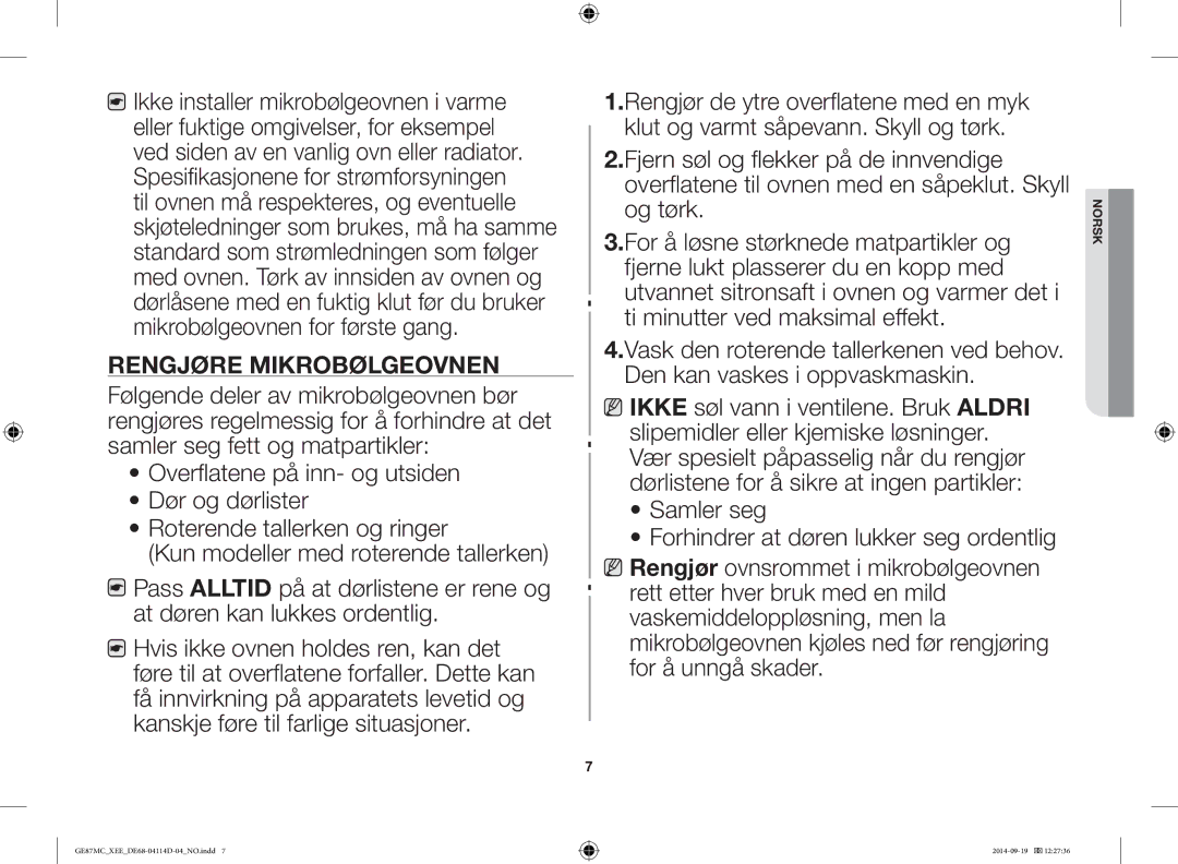 Samsung GE87MC/XEE manual Rengjøre Mikrobølgeovnen 