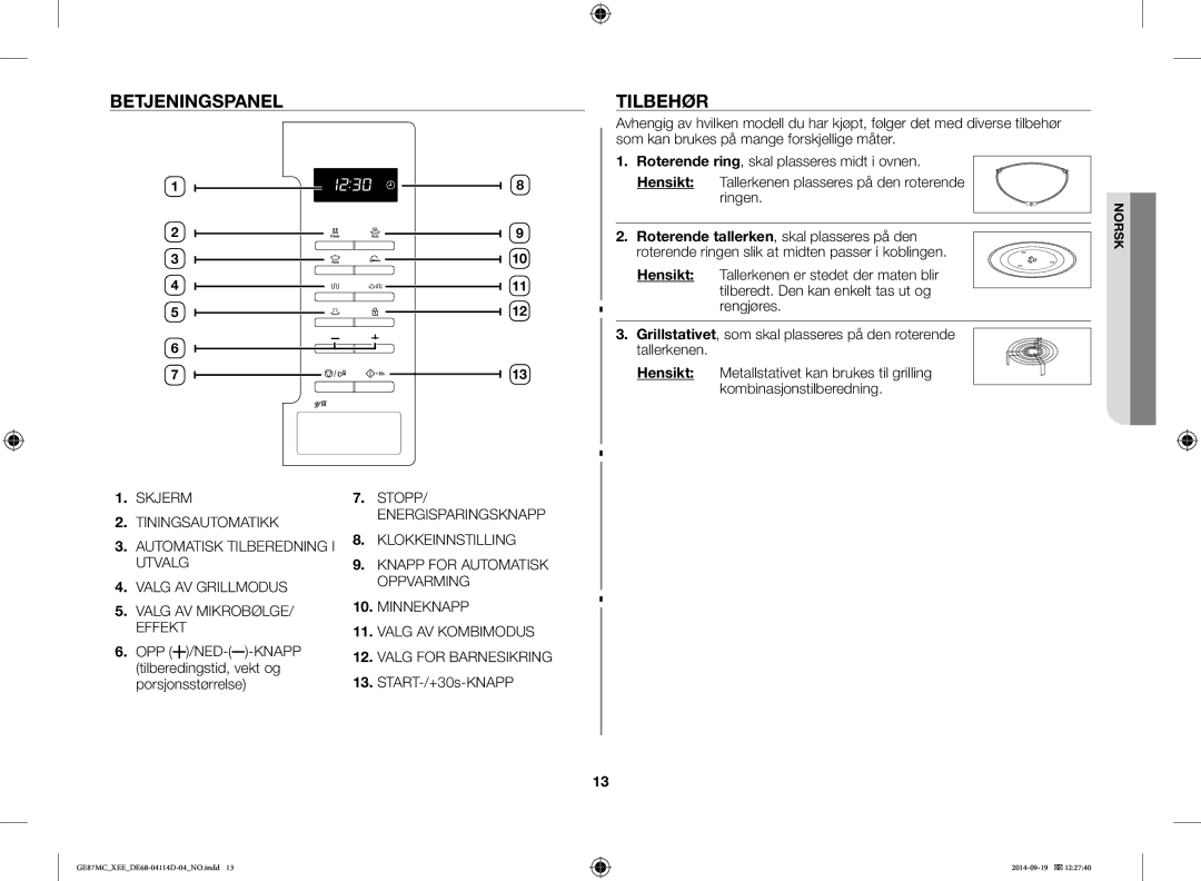 Samsung GE87MC/XEE manual Betjeningspanel, Tilbehør, Tilberedingstid, vekt og, START-/+30s-KNAPP, Porsjonsstørrelse 