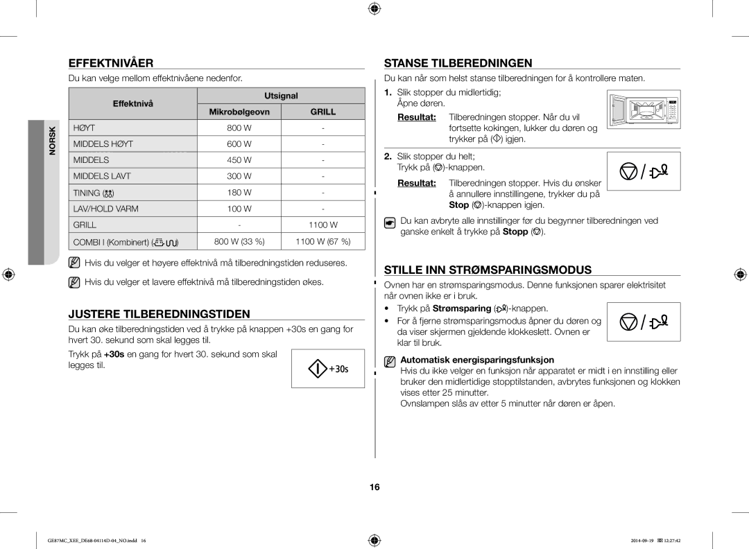 Samsung GE87MC/XEE manual Justere Tilberedningstiden, Stanse Tilberedningen, Stille INN Strømsparingsmodus 