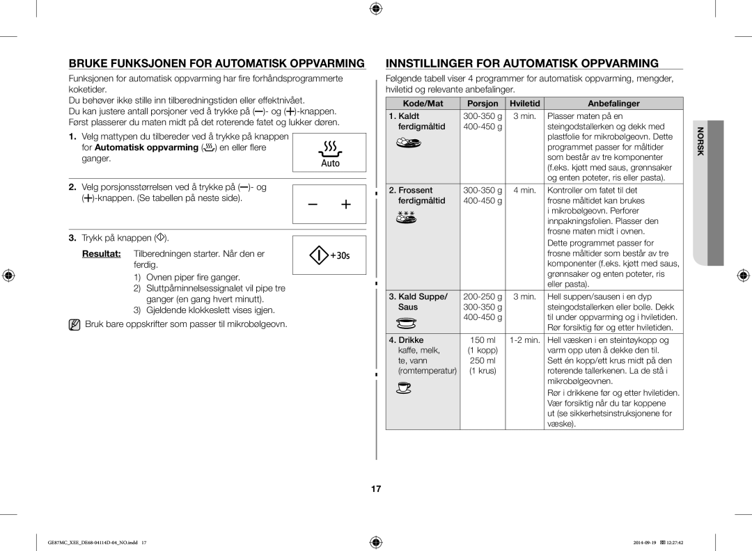 Samsung GE87MC/XEE manual Bruke Funksjonen for Automatisk Oppvarming, Innstillinger for Automatisk Oppvarming 