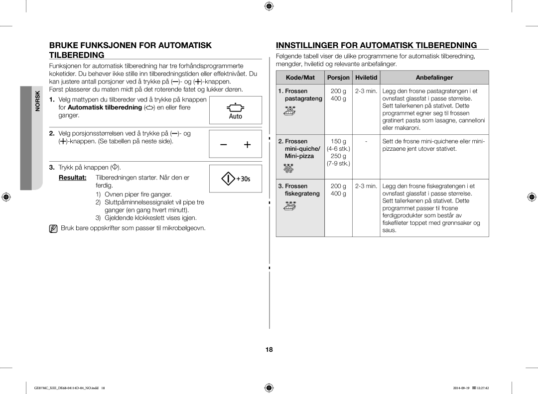 Samsung GE87MC/XEE manual Bruke Funksjonen for Automatisk Tilbereding, Innstillinger for Automatisk Tilberedning 