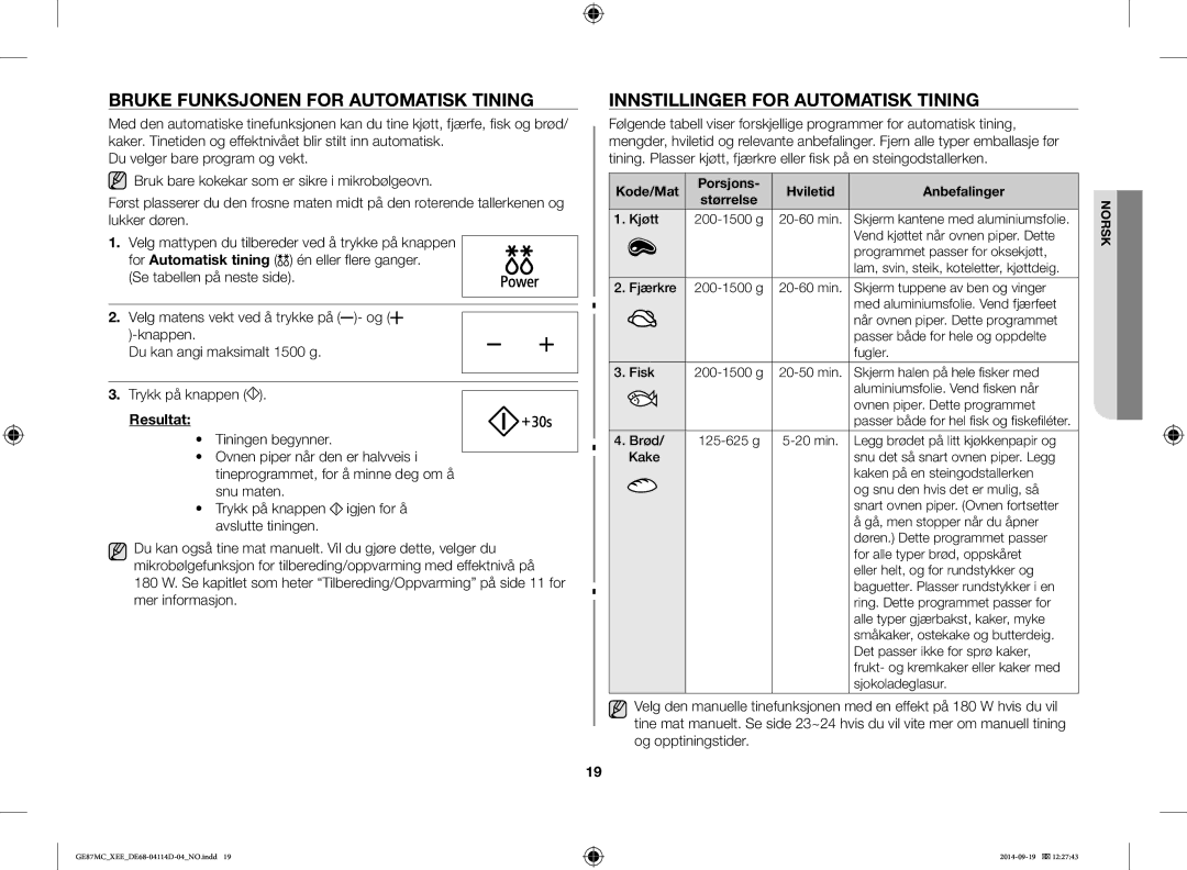 Samsung GE87MC/XEE manual Bruke Funksjonen for Automatisk Tining, Innstillinger for Automatisk Tining, Hvis du vil 