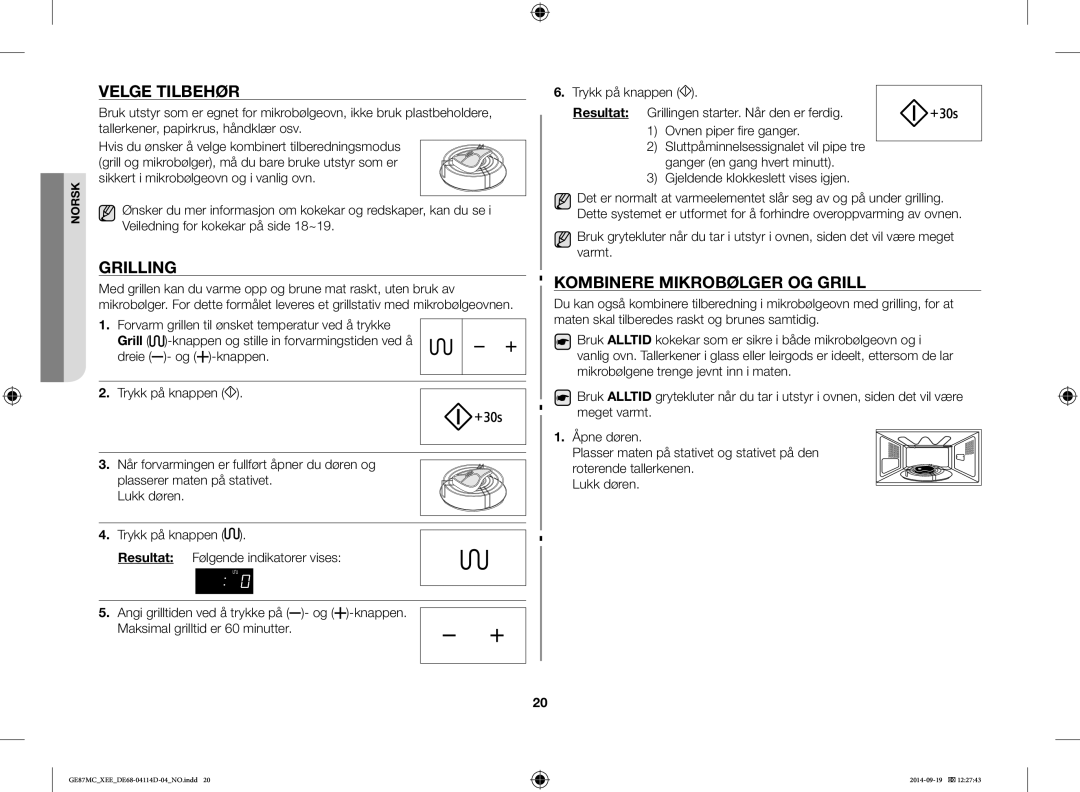 Samsung GE87MC/XEE manual Velge Tilbehør, Grilling, Kombinere Mikrobølger OG Grill 