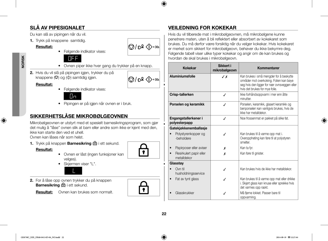 Samsung GE87MC/XEE manual SLÅ AV Pipesignalet, Sikkerhetslåse Mikrobølgeovnen, Veiledning for Kokekar 