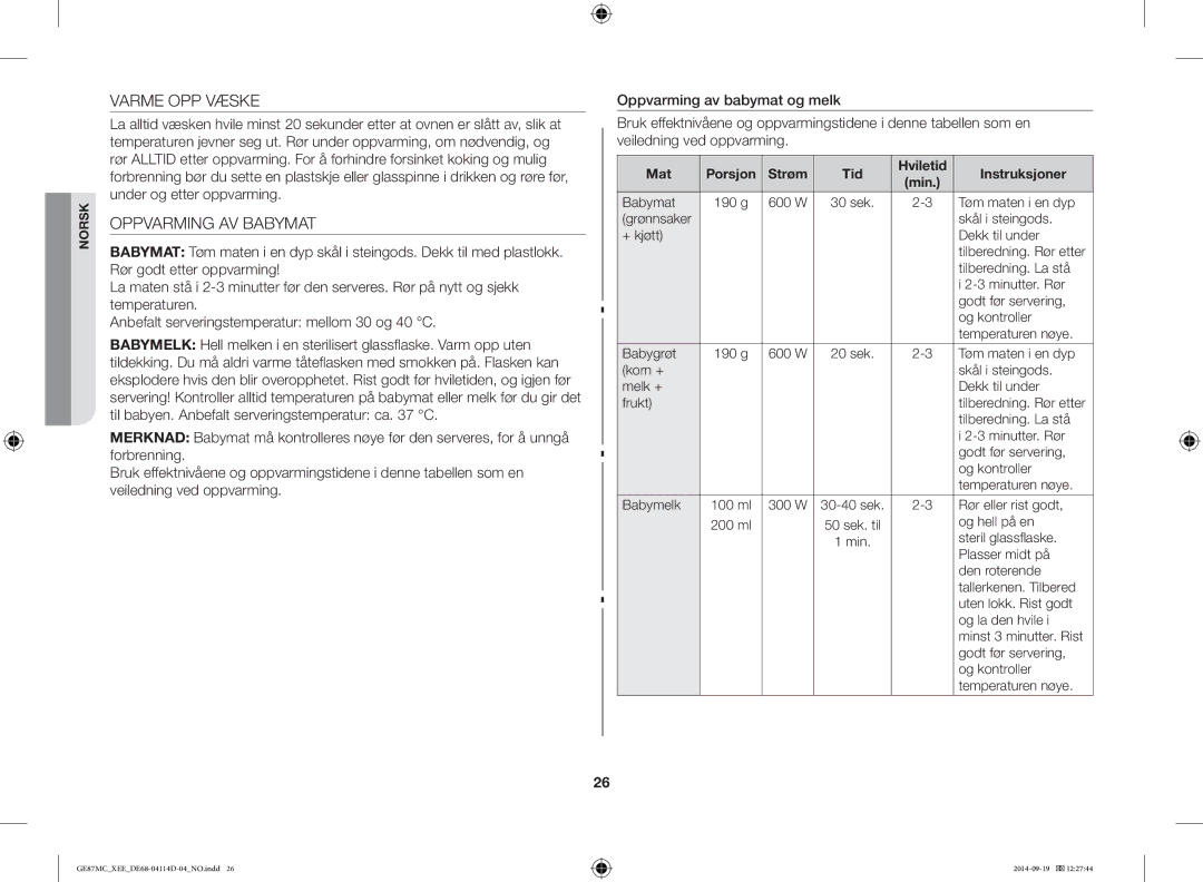 Samsung GE87MC/XEE manual Varme OPP Væske, Oppvarming AV Babymat, Mat Porsjon Strøm Tid Hviletid Instruksjoner 