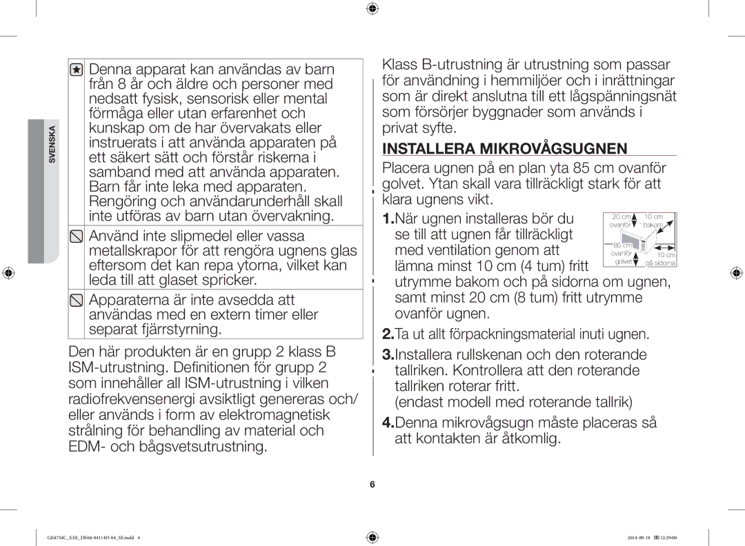 Samsung GE87MC/XEE manual Installera Mikrovågsugnen 