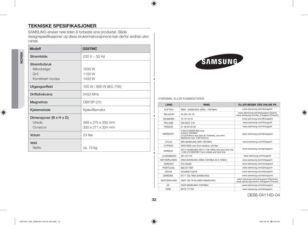 Samsung GE87MC/XEE manual Tekniske Spesifikasjoner, Modell 