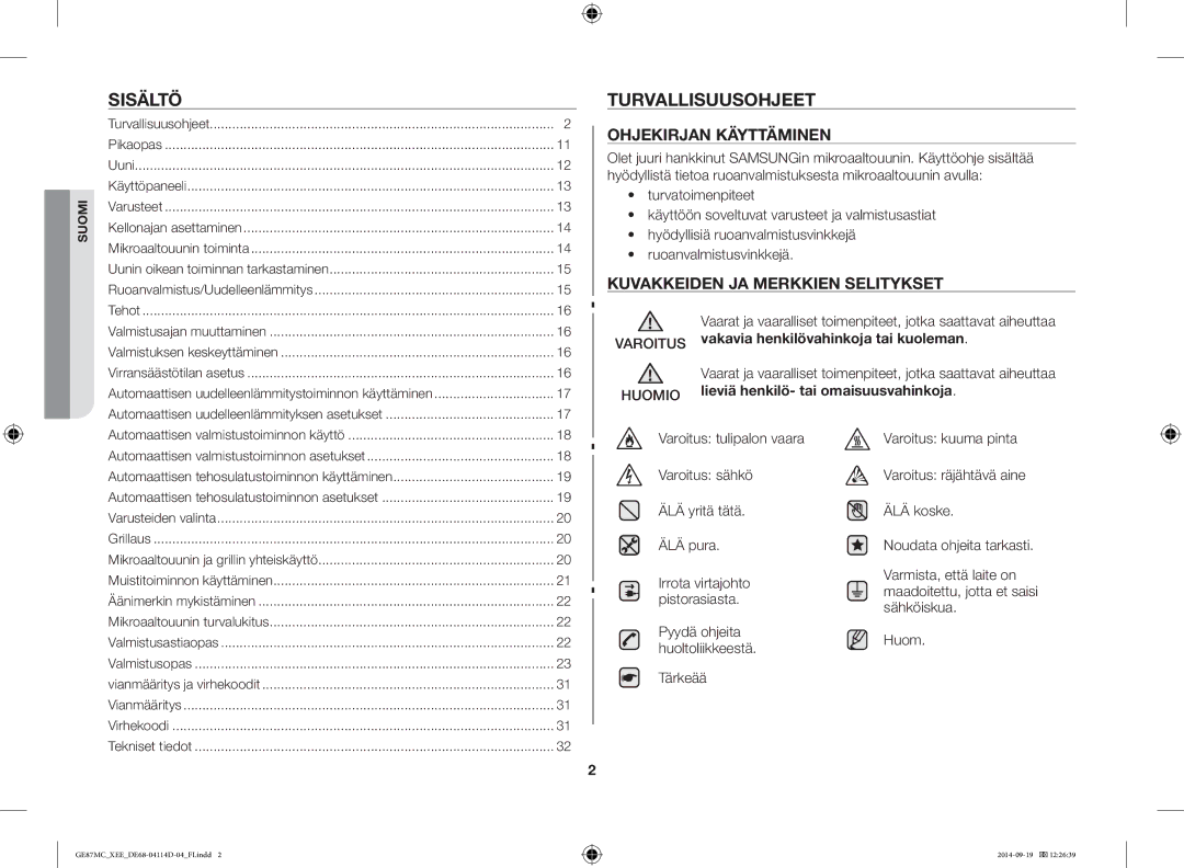 Samsung GE87MC/XEE manual Sisältö, Turvallisuusohjeet, Varoitus vakavia henkilövahinkoja tai kuoleman 