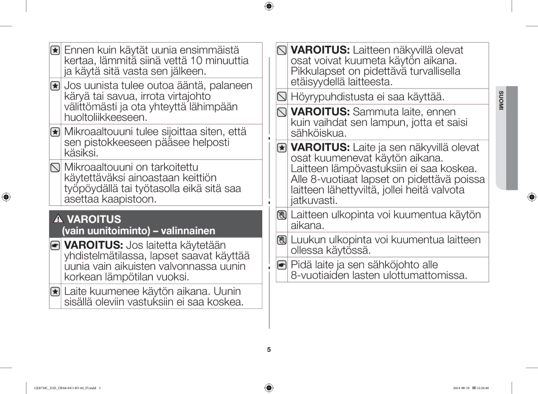 Samsung GE87MC/XEE manual Varoitus 