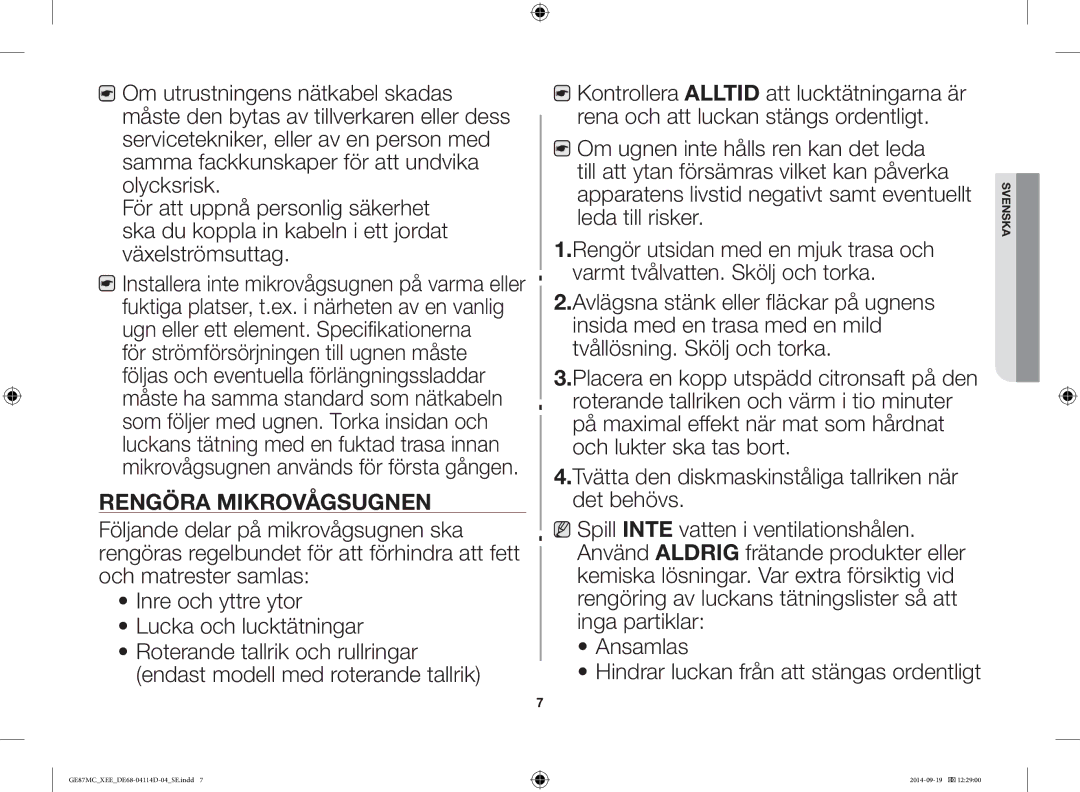 Samsung GE87MC/XEE manual Rengöra Mikrovågsugnen 