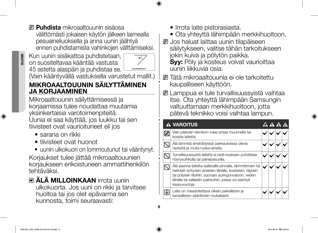 Samsung GE87MC/XEE manual Mikroaaltouunin Säilyttäminen JA Korjaaminen, Varoitus 