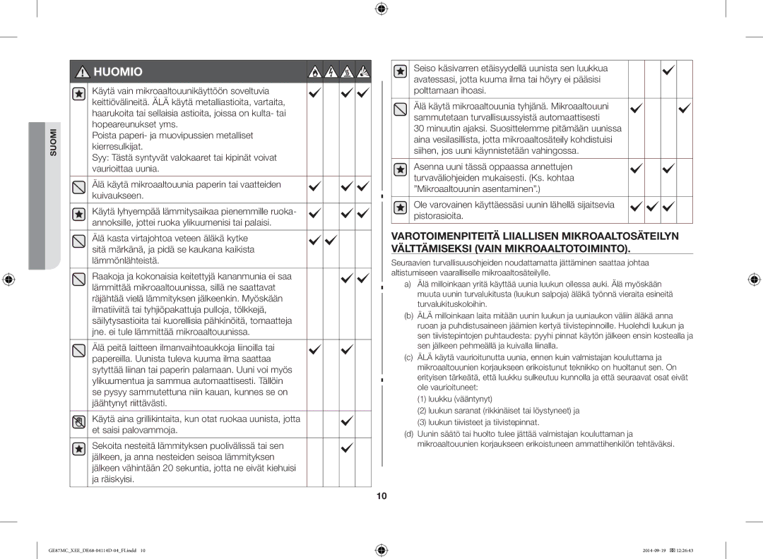 Samsung GE87MC/XEE manual Huomio 