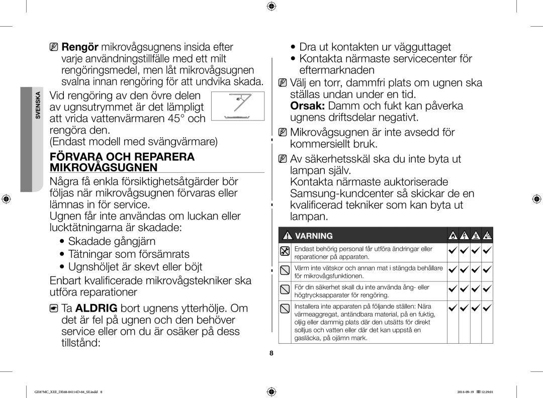 Samsung GE87MC/XEE manual Förvara OCH Reparera Mikrovågsugnen, Varning 