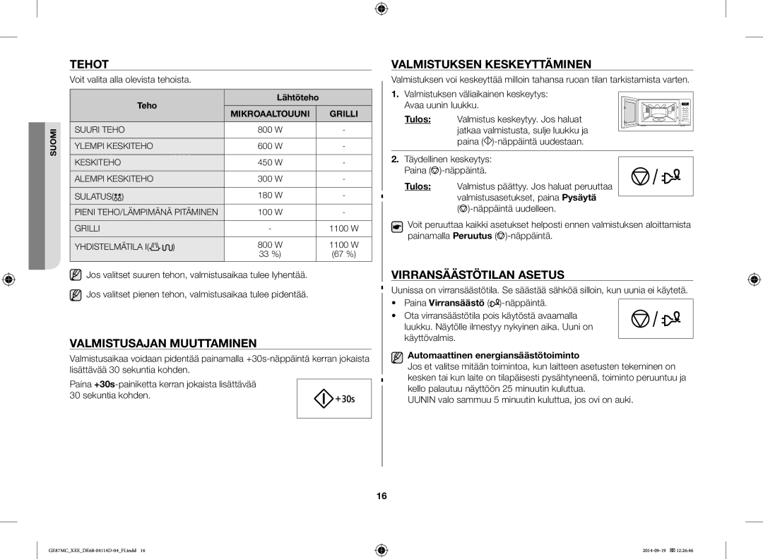 Samsung GE87MC/XEE manual Tehot, Valmistusajan Muuttaminen, Valmistuksen Keskeyttäminen, Virransäästötilan Asetus 