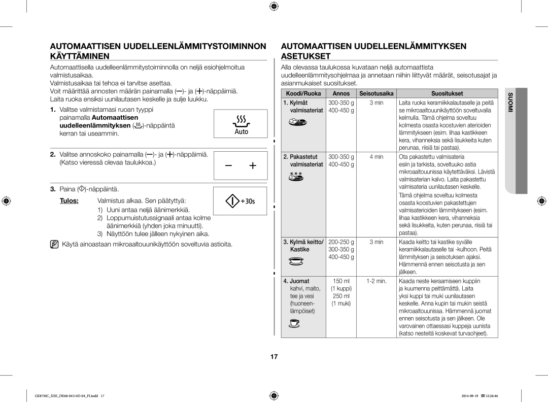 Samsung GE87MC/XEE Automaattisen Uudelleenlämmitystoiminnon Käyttäminen, Automaattisen Uudelleenlämmityksen Asetukset 