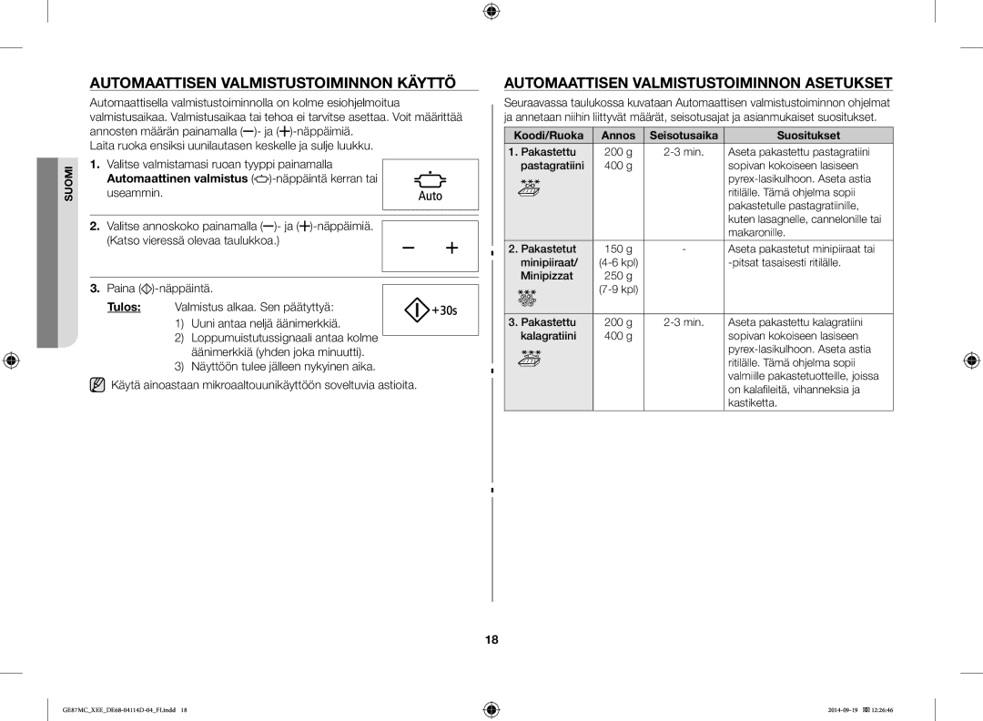 Samsung GE87MC/XEE manual Automaattisen Valmistustoiminnon Käyttö, Automaattisen Valmistustoiminnon Asetukset 