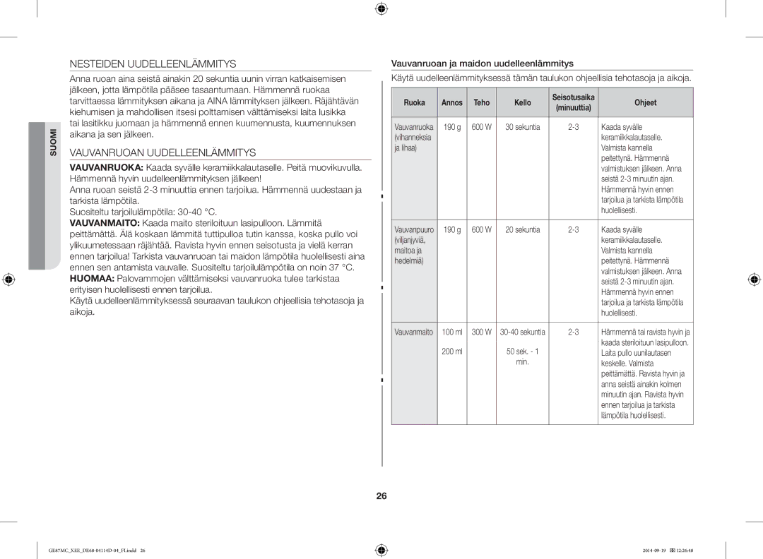 Samsung GE87MC/XEE manual Nesteiden Uudelleenlämmitys, Vauvanruoan Uudelleenlämmitys, Teho Kello 