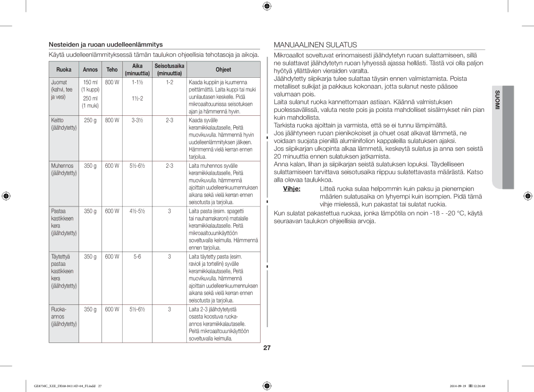 Samsung GE87MC/XEE manual Manuaalinen Sulatus, Nesteiden ja ruoan uudelleenlämmitys, Ruoka Annos Teho Aika 