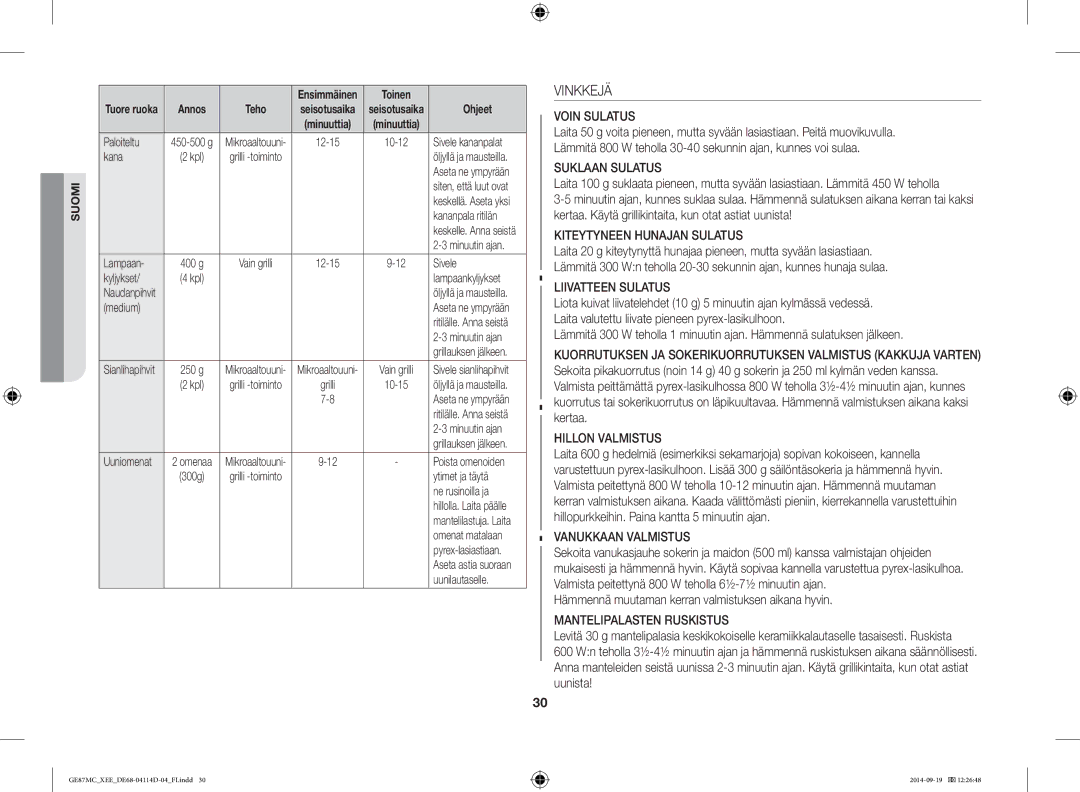 Samsung GE87MC/XEE manual Vinkkejä, Hämmennä muutaman kerran valmistuksen aikana hyvin 