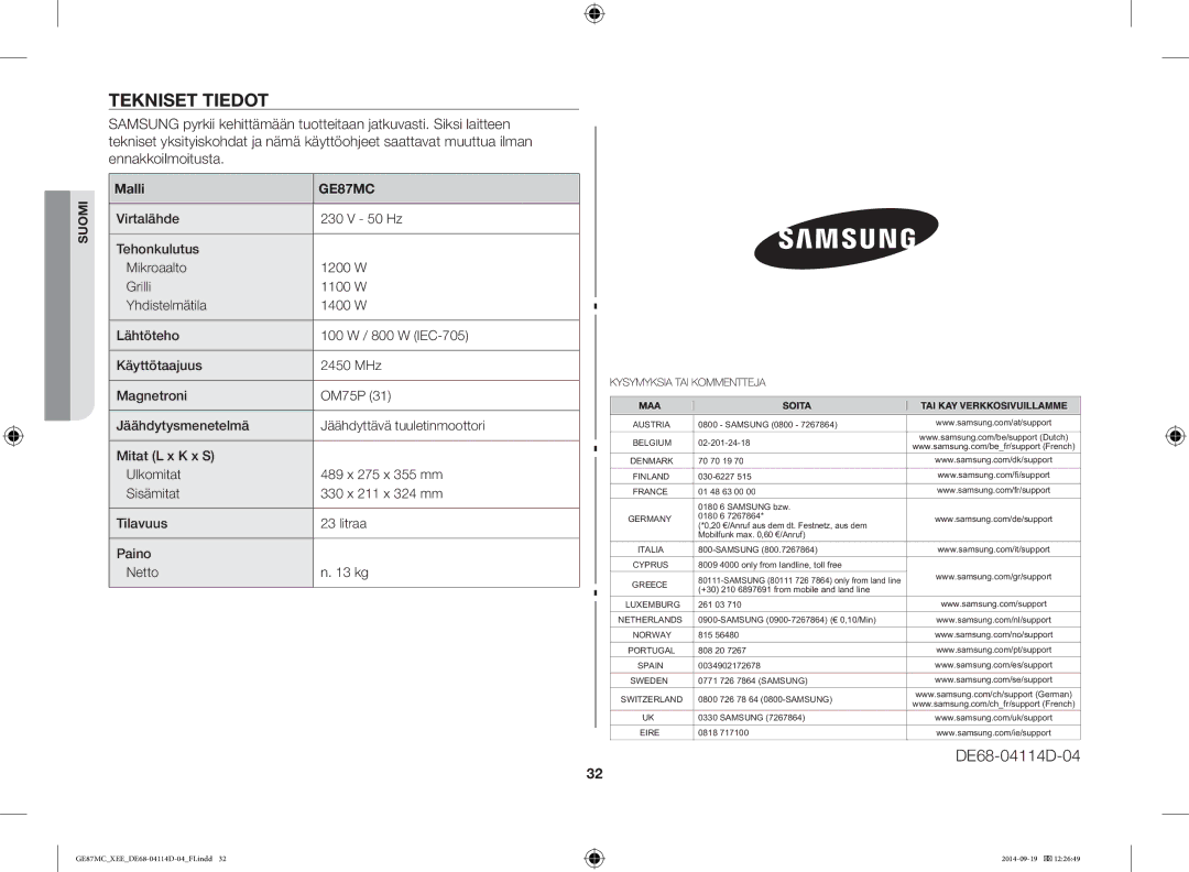 Samsung GE87MC/XEE manual Tekniset Tiedot, Malli 